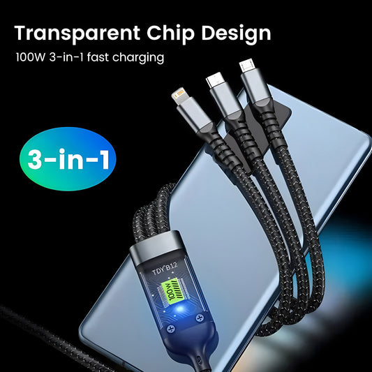 3-in-1 100W Super Fast Charging Cable – Transparent Design with Pilot Lamp