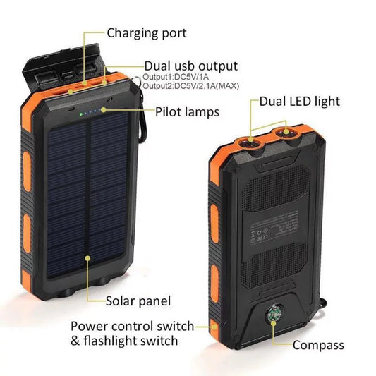 20000mAh Solar Power Bank – Waterproof with Compass for Outdoor Use