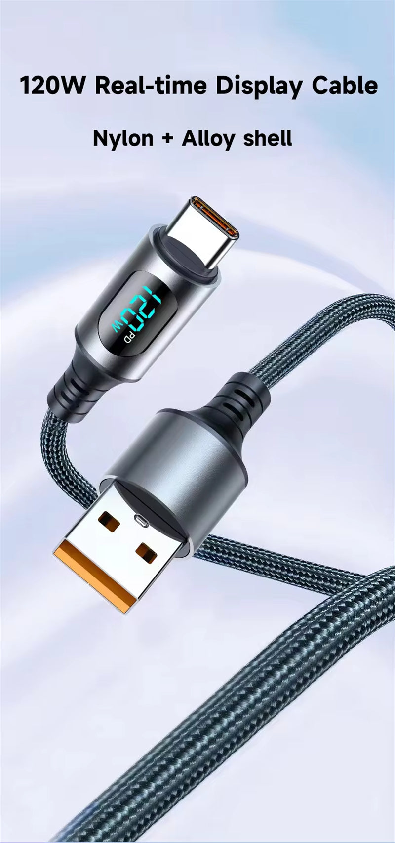 6A 120W USB-A to Type-C Super Fast Charging Cable with LED Display