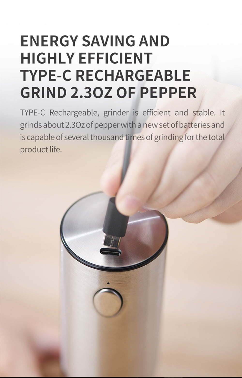 USB Rechargeable Electric Pepper Grinder – Stainless Steel Spice Mill with Adjustable Coarseness